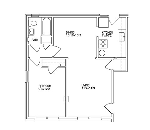 Floor plan for 1 bed, 1 bath, 662 sqft